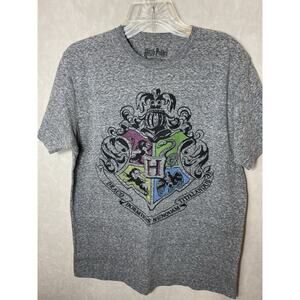 Harry Potter T Shirt Mens L Hogwarts Crest Logo Heather Grey Fan Boy Gift